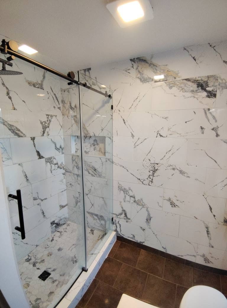 Marble Slider Shower — Chess Remodels project