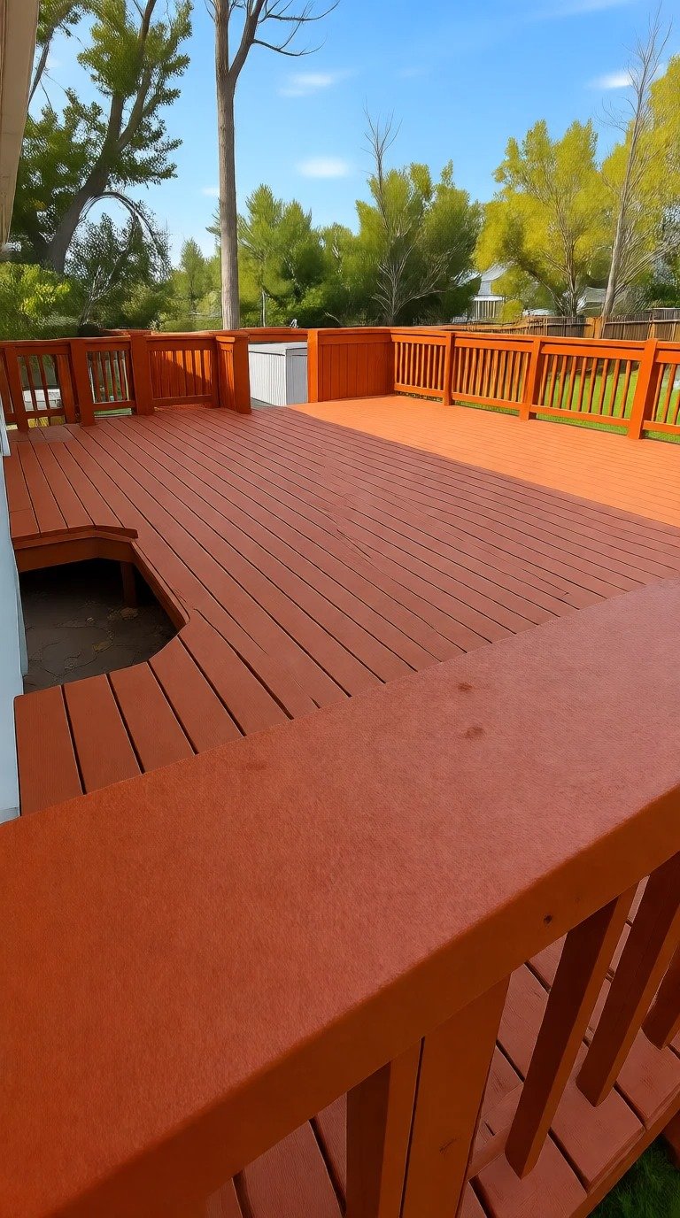 Large stained deck with railings